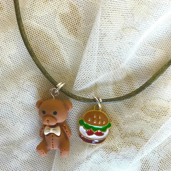 Hot Fashion Women/Girls Teddy Bear & Burger Charms Pendant & Waxed Cord Necklace - Picture 4 of 7